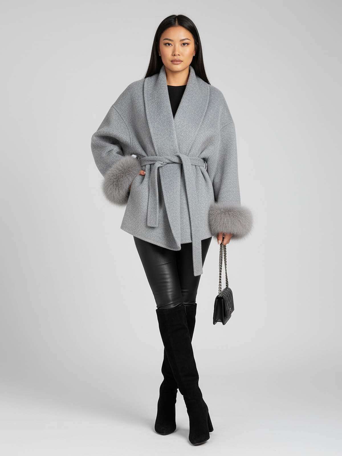 Women's Elegant Belted Fur Wrap Coat