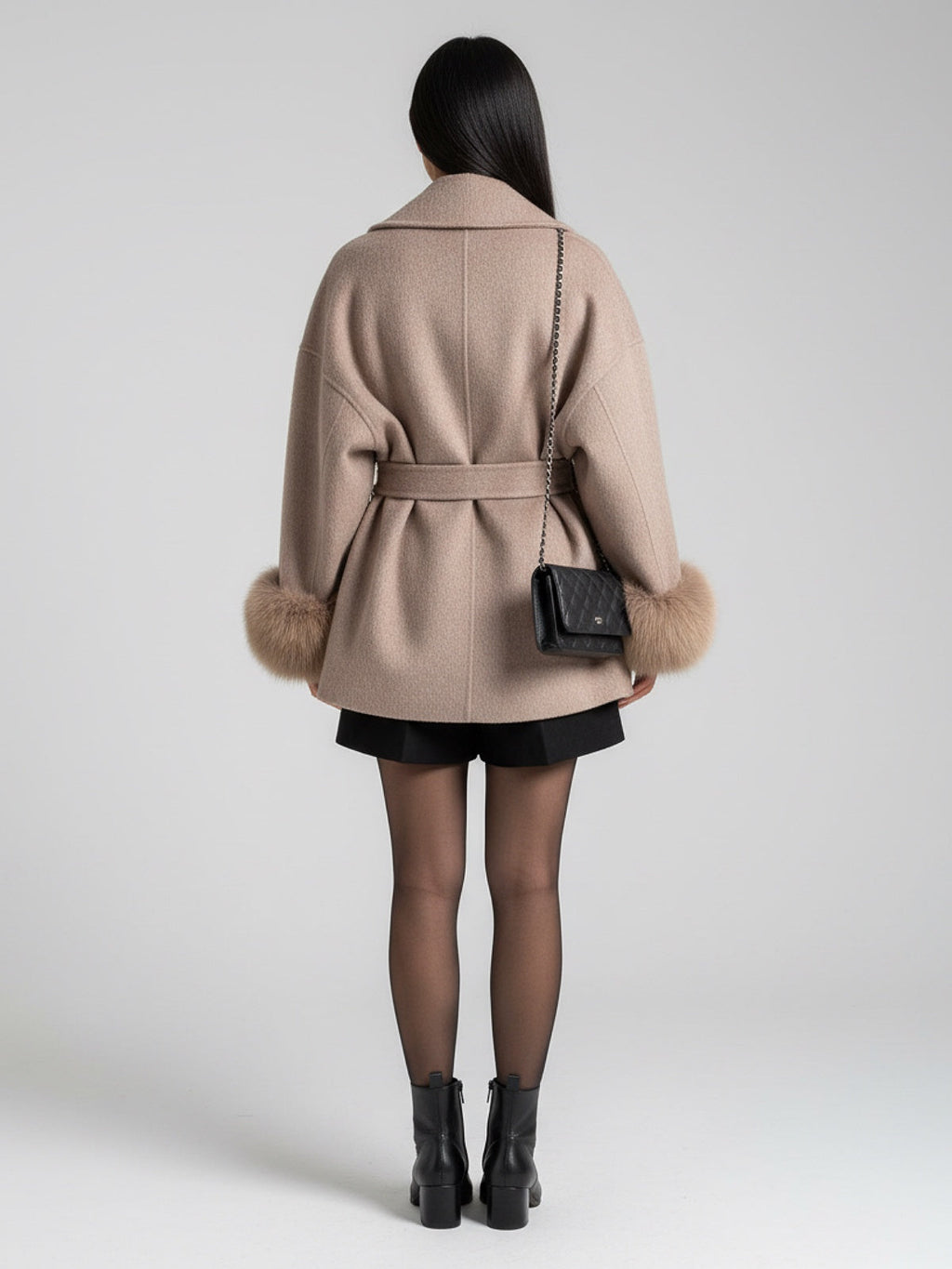 Women's Elegant Belted Fur Wrap Coat