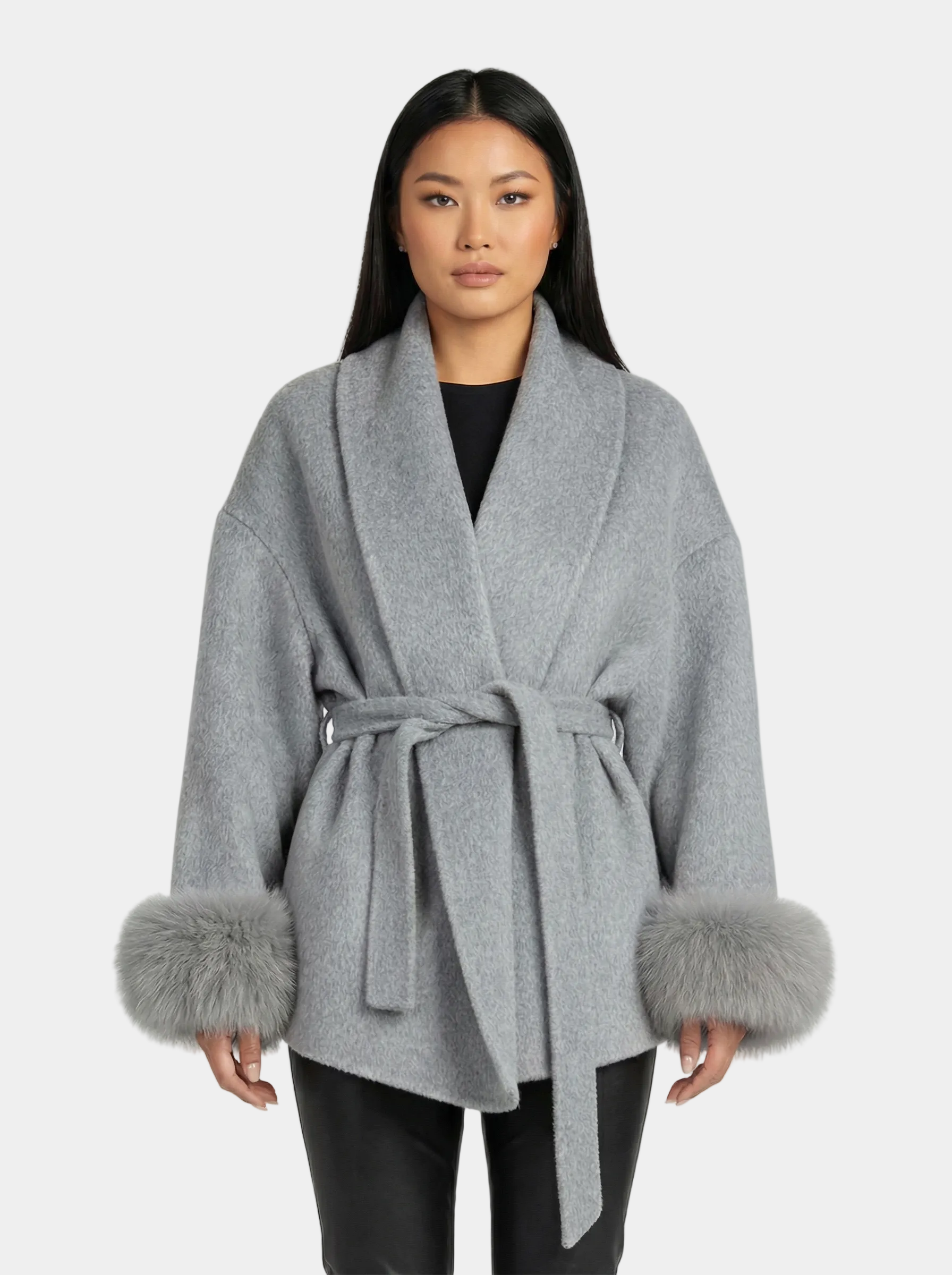 Women's Elegant Belted Fur Wrap Coat