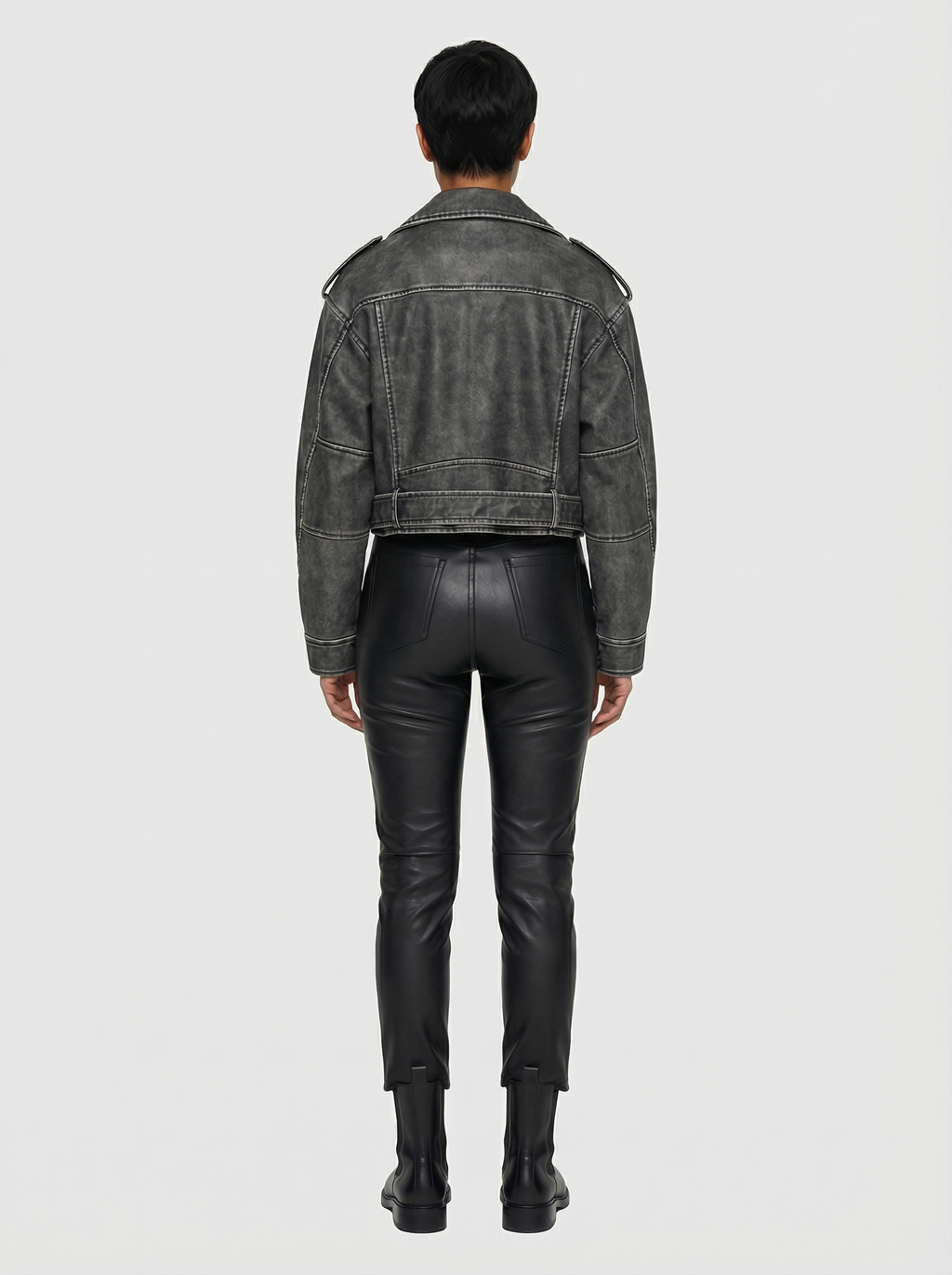 Women's Faux Leather Cropped Biker Jacket with Belt | Grey