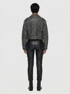 Women's Faux Leather Cropped Biker Jacket with Belt | Grey