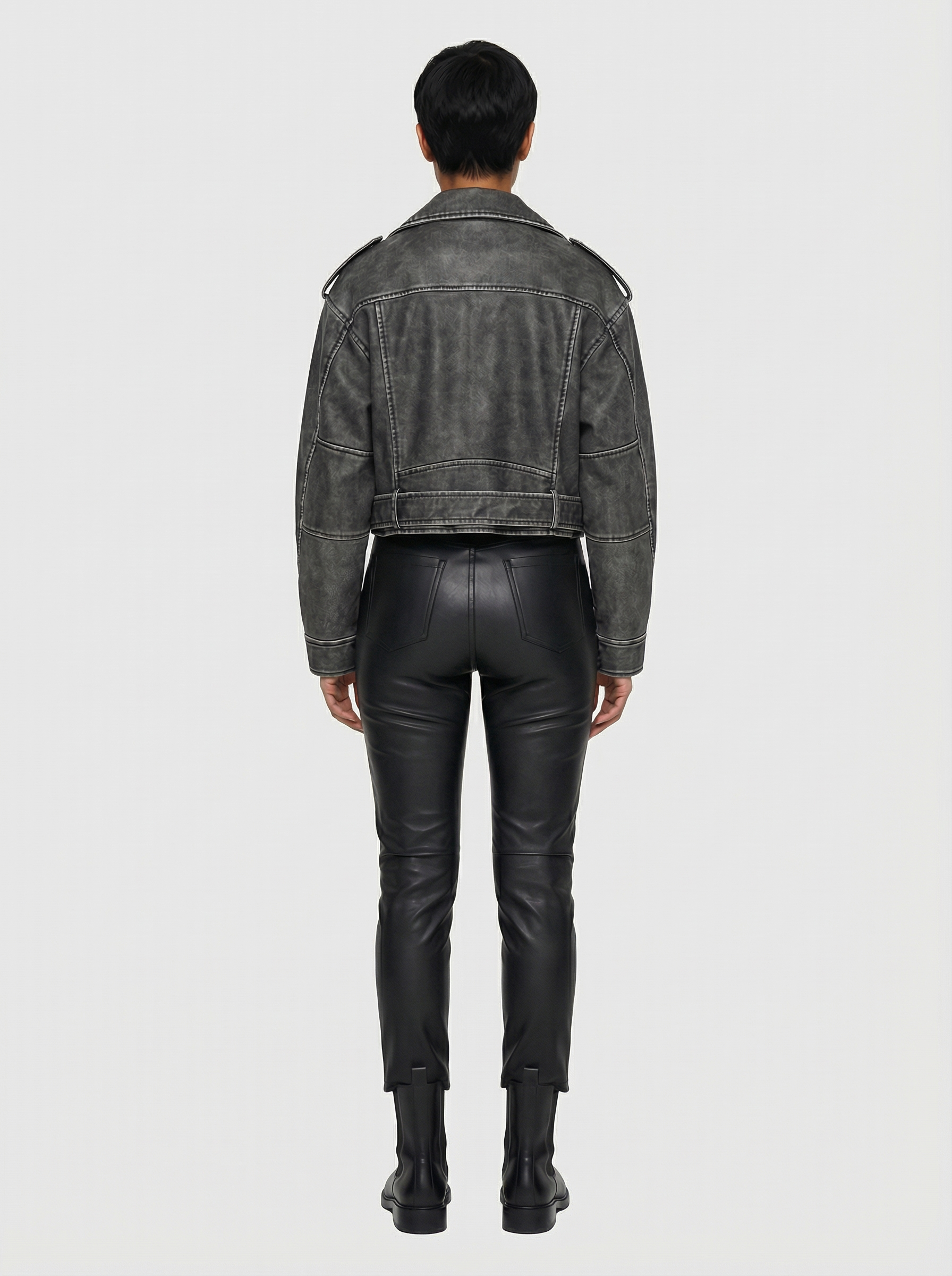 Women's Faux Leather Cropped Biker Jacket with Belt | Grey