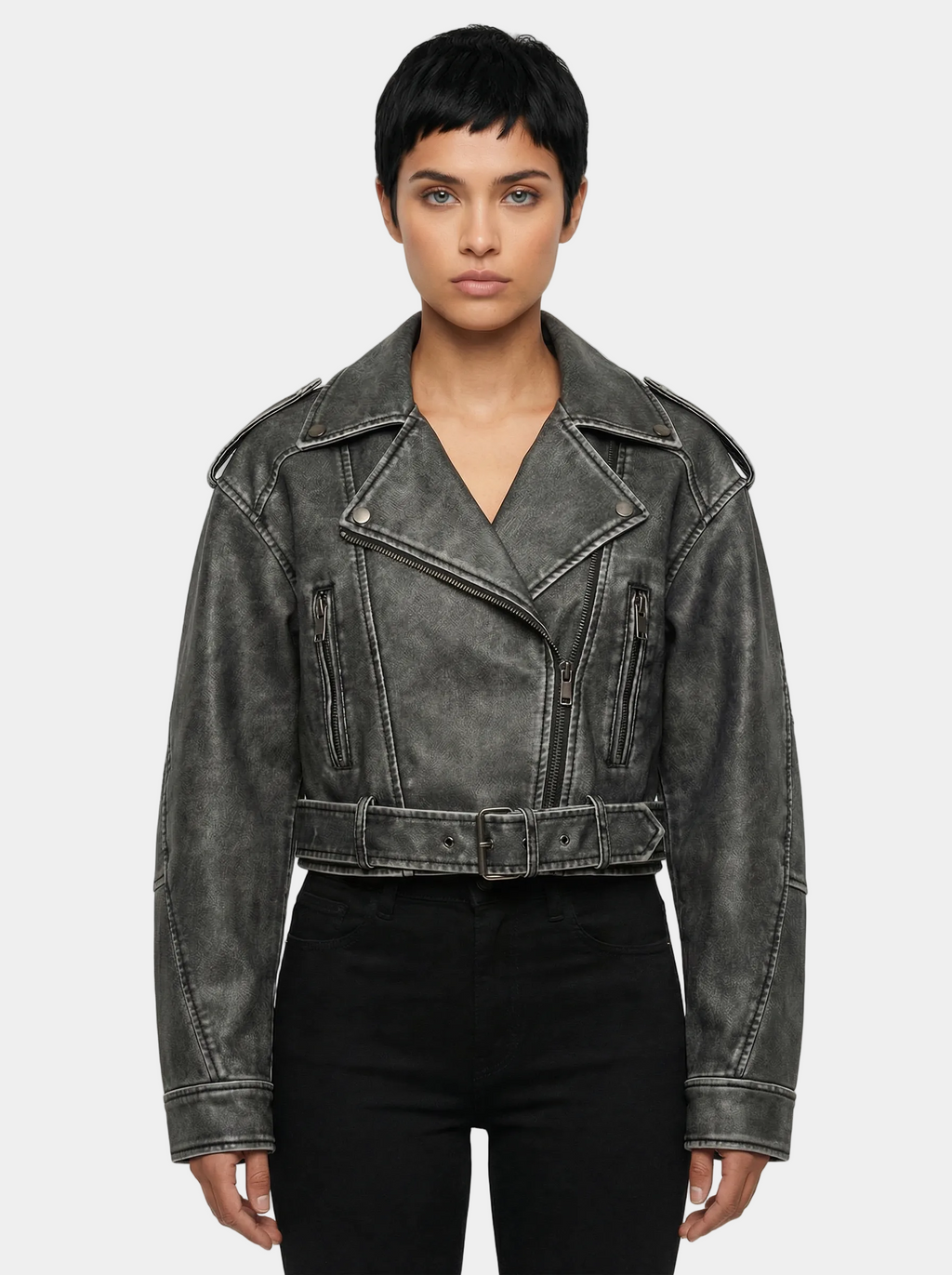 Women's Faux Leather Cropped Biker Jacket with Belt | Grey