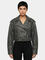 Women's Faux Leather Cropped Biker Jacket with Belt | Grey