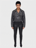 Women's Faux Leather Cropped Biker Jacket with Belt | Grey