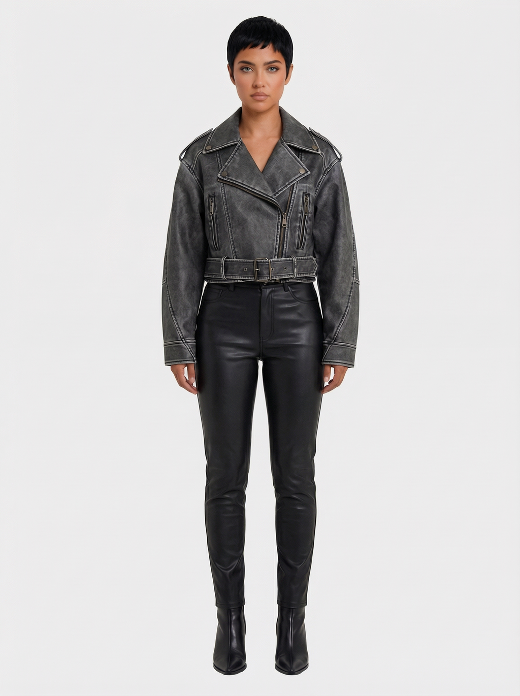 Women's Faux Leather Cropped Biker Jacket with Belt | Grey