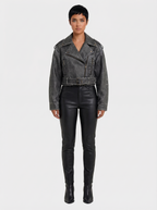 Women's Faux Leather Cropped Biker Jacket with Belt | Grey