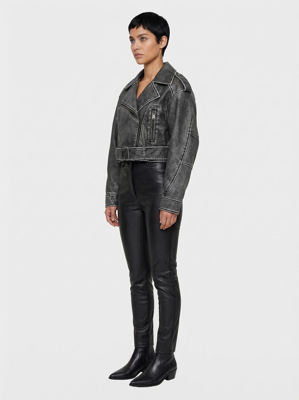 Women's Faux Leather Cropped Biker Jacket with Belt | Grey