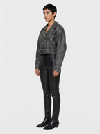 Women's Faux Leather Cropped Biker Jacket with Belt | Grey