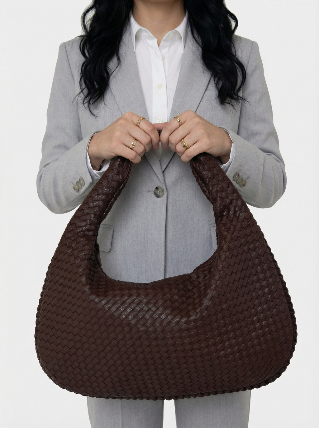Woven Vegan Leather Shoulder Tote Bag | Brown