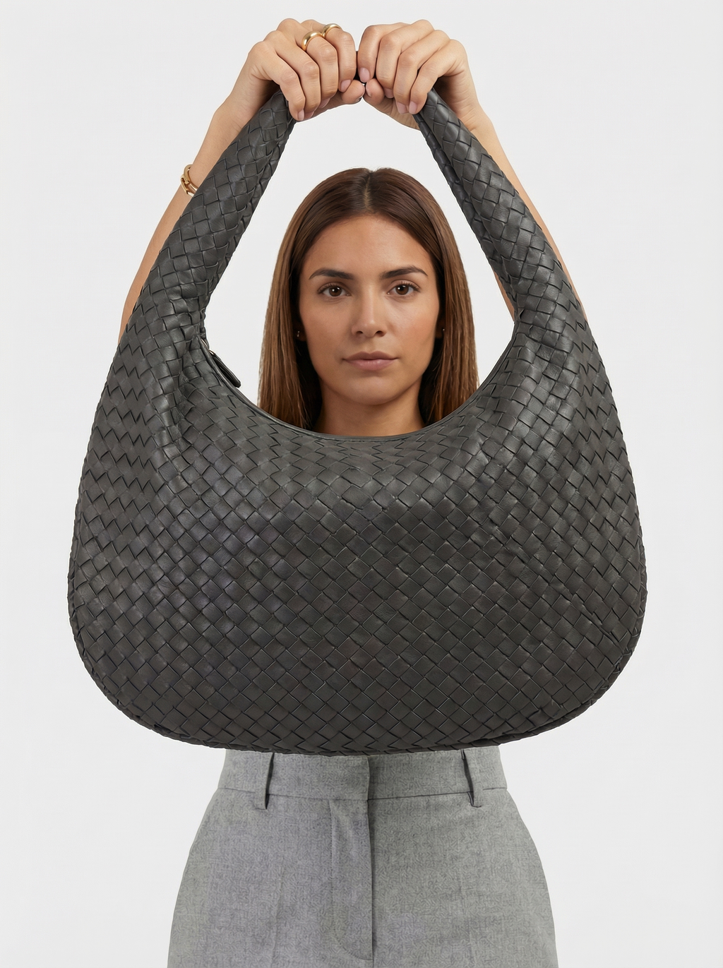 Woven Vegan Leather Everyday Tote Bag | Dark Grey